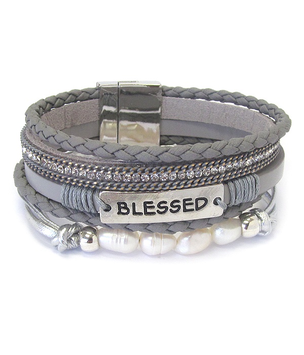 Religious Inspiration Fresh Water Pearl Multi Layer Leather Wrap Magnetic Bracelet
