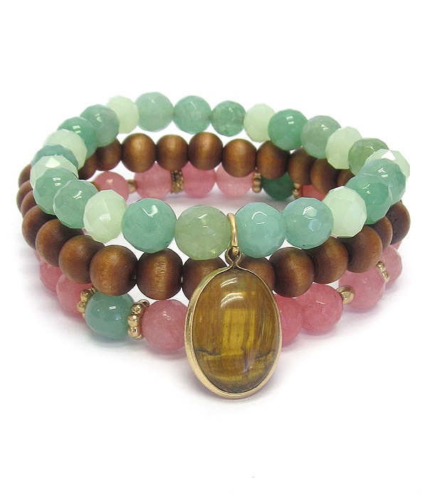 Wood And Facet Stone Mix 3 Piece Bracelet Set