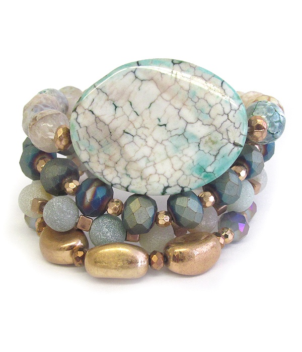 Large Agate Stone And Multi Semi Precious Stone Mis 4 Stretch Bracelet Set