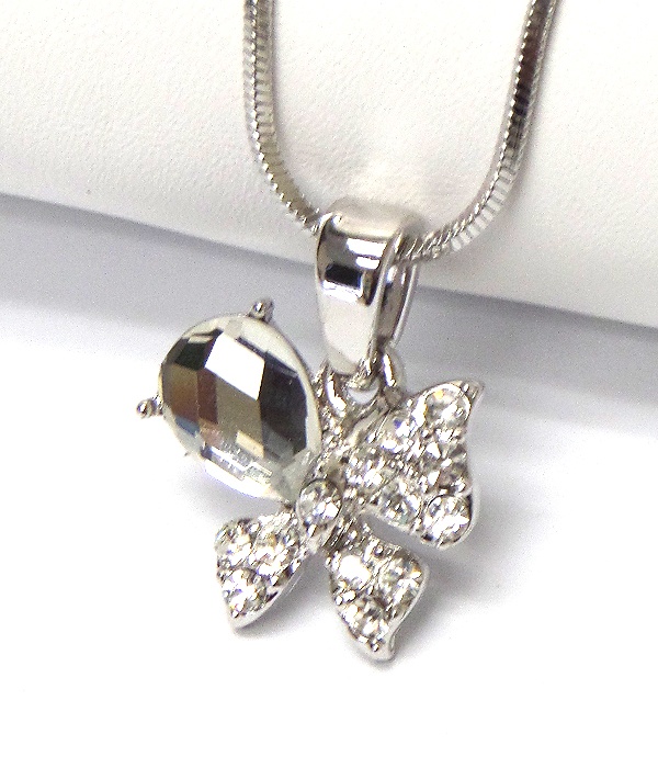 Made In Korea Whitegold Plating Crystal Bow Pendant Necklace