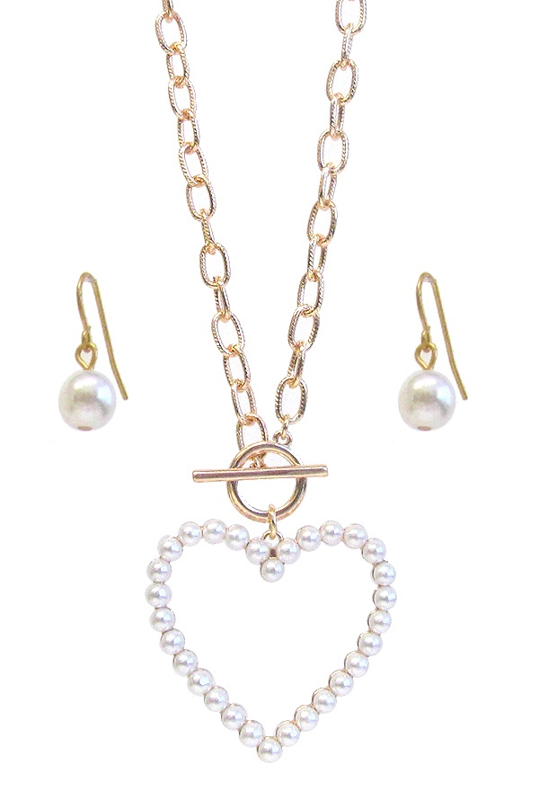 Multi Pearl Heart Hoop Pendant Toggle Necklace Set
