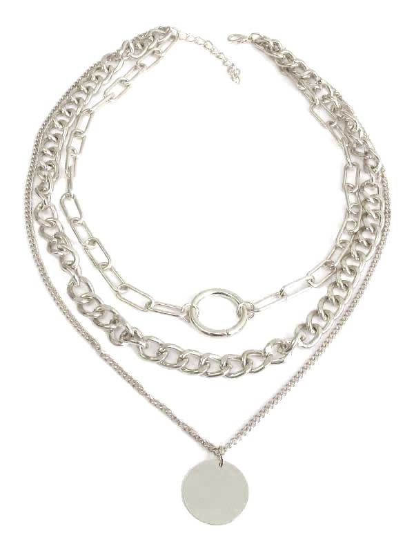 Disc Pendant Multi Layer Chain Necklace