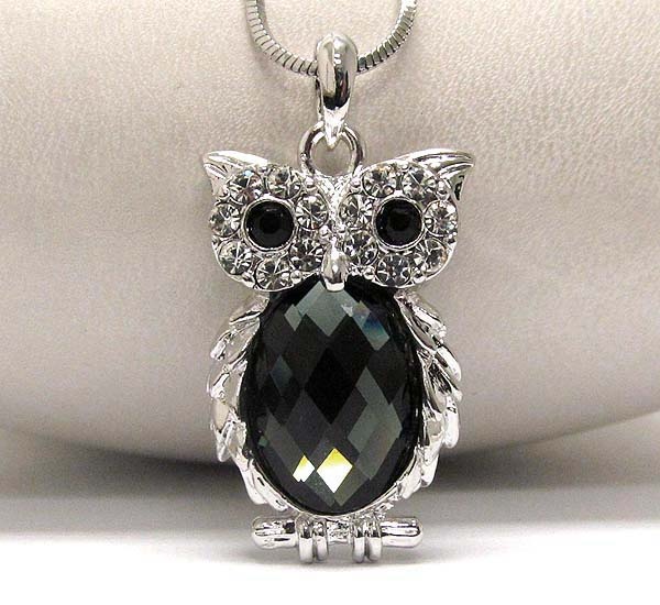 Made In Korea Whitegold Plating Crystal Owl With Oval Glass Pendant Necklace