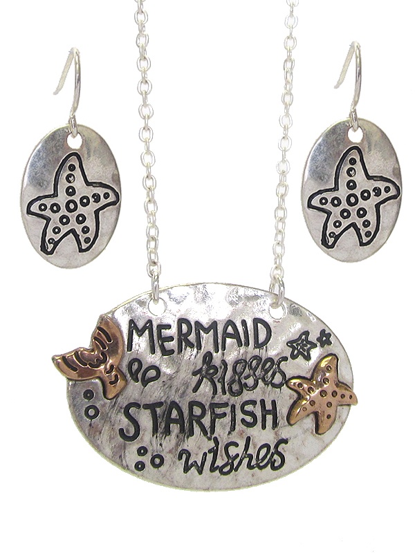 Sealife Theme Message Pendant Necklace Set - Mermaid Kisses Starfish Wishes