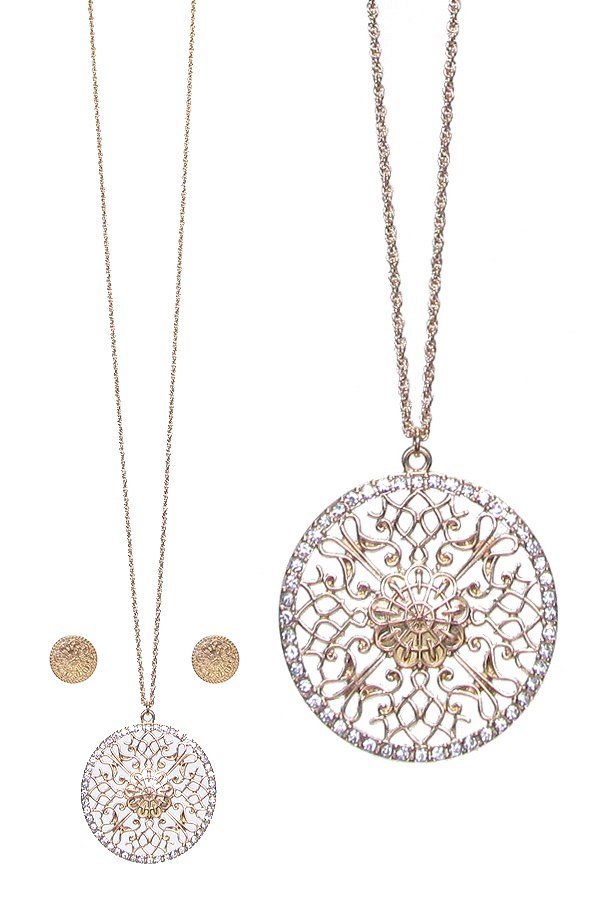 Metal Filigree Pendant Long Necklace Set