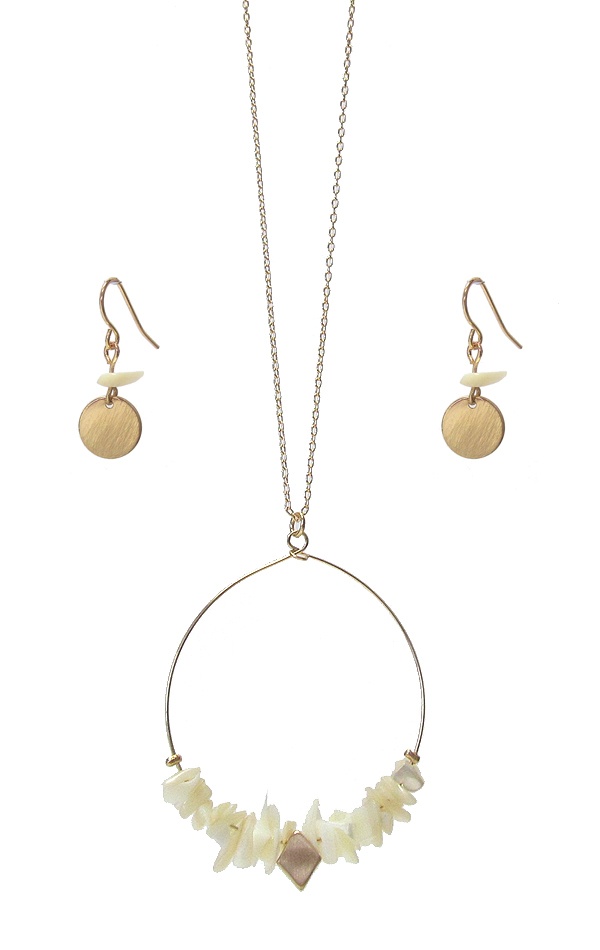 Semi Precious Bead Wire Hoop Pendant Long Necklace Set