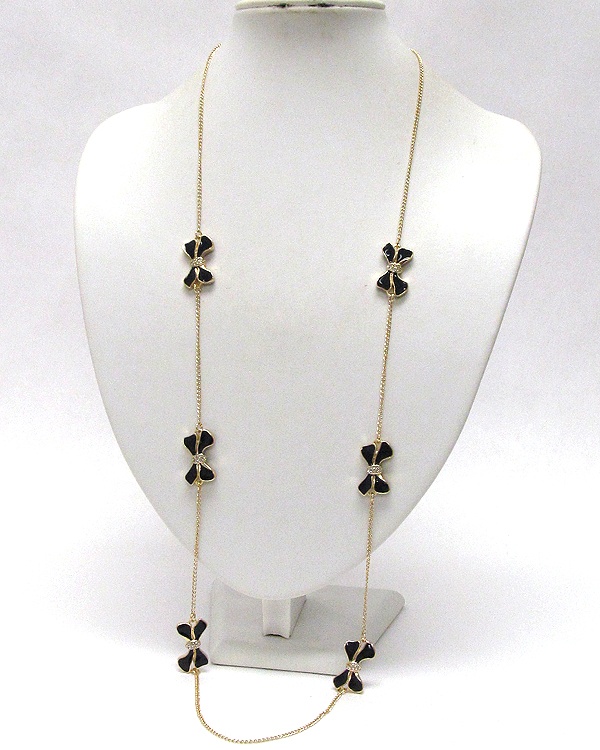 Multi Crystal Metal Epoxy Bow Patern Drop Long Chain Necklace