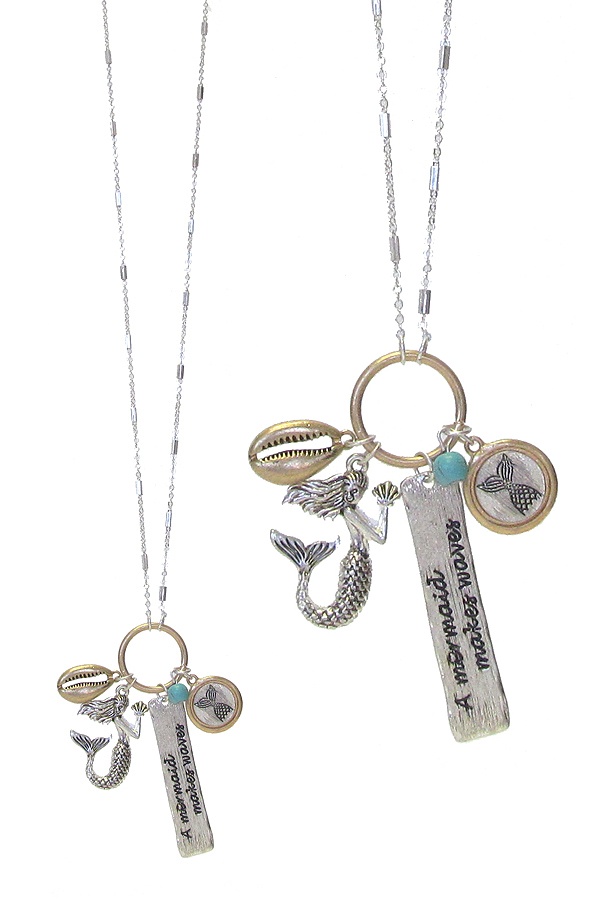Sealife Theme Message Multi Charm Pendatn Necklace - A Mermaid Makes Waves