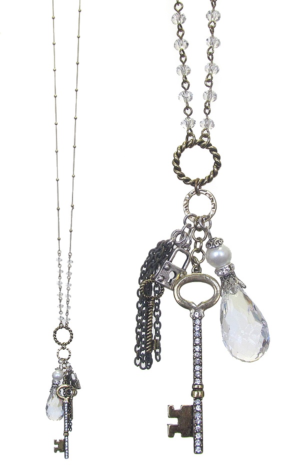 Vintage Filigree And Facet Stone Mix Long Necklace - Key