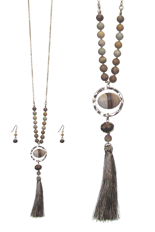 Semi Precious Stone And Tassel Drop Long Necklace Set