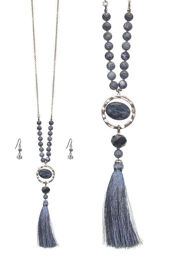 Semi-Precious Stone and Tassel Drop Long Necklace Set