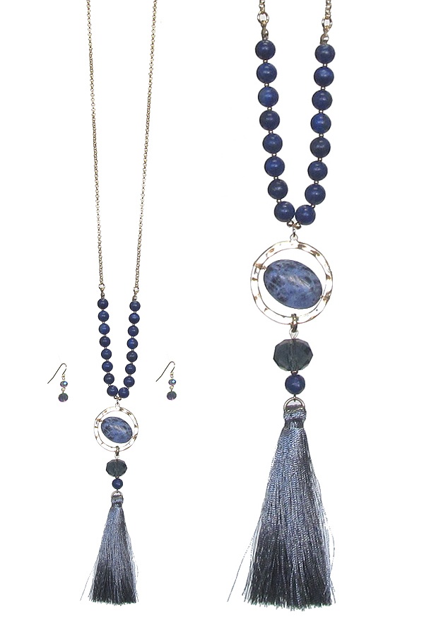 Semi Precious Stone And Tassel Drop Long Necklace Set