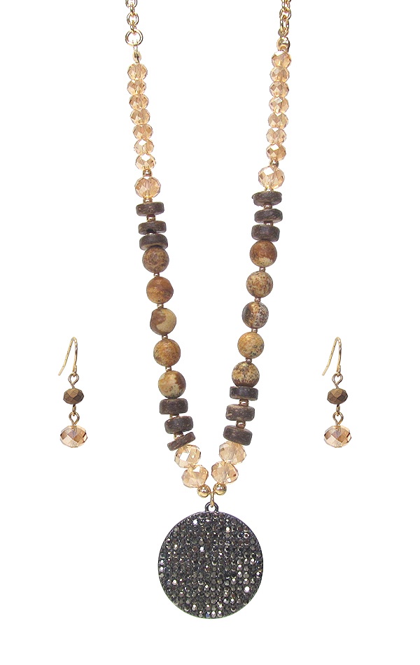 Crystal Paved Disc Pendant And Multi Bead Mix Necklace Set