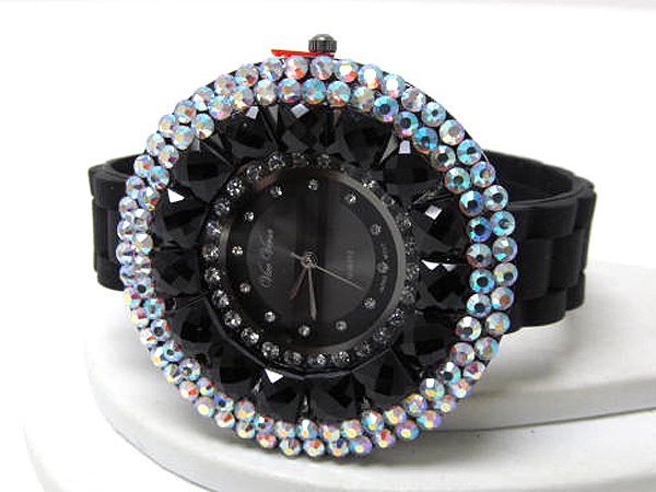 Full Round Flat Face Mutli Size Crystal Frame Fashion Rubber Band Watch