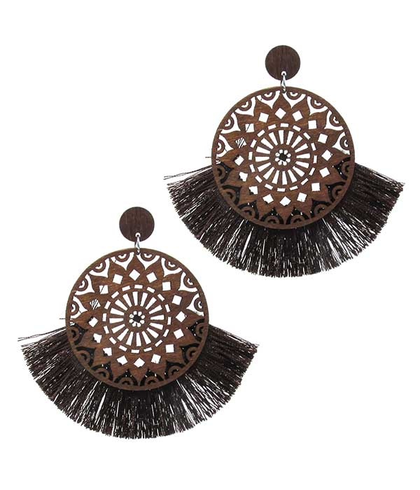 Laser Cut Wood And Fan Tassel Earring - Round
