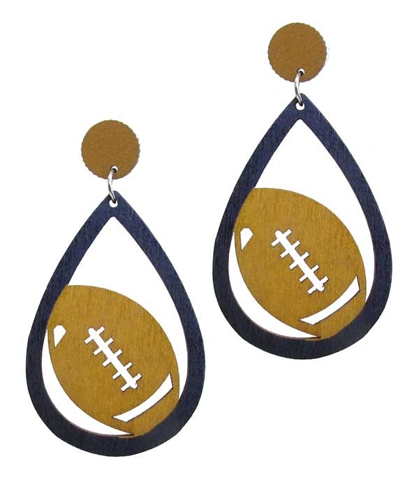 Laser Cut Natural Wood Filigree Teardrop Earring - Football