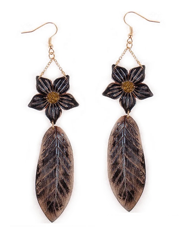 Faux Leather Flower And Leaf Drop Earring