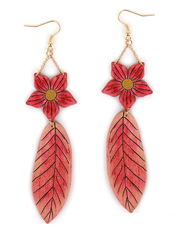 Faux Leather Flower And Leaf Drop Earring