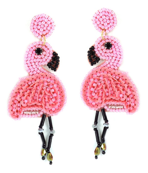 Handmade Seedbead Tropical Bird Earring - Flamingo