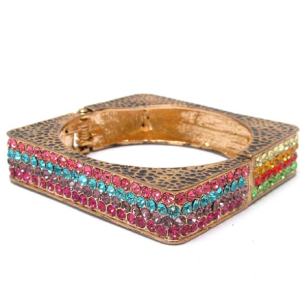 Multi Crystal And Metal Hammered Square On Side Fashion Designer Style Hinge Bangle