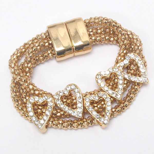 Five Crystal Heart Charm On Triple Tube Chain Magnetic Clasp Bracelet