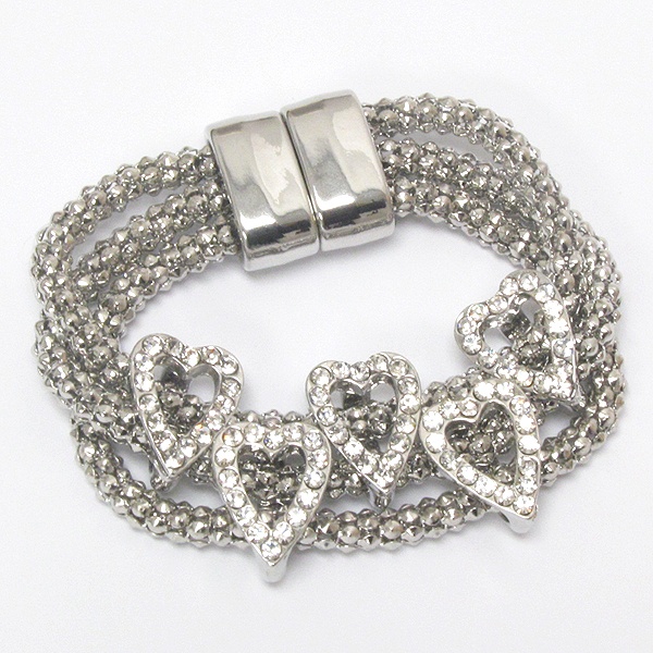 Five Crystal Heart Charm On Triple Tube Chain Magnetic Clasp Bracelet -Valentine