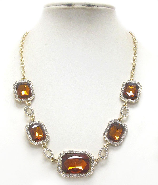 Crystal And Multi Facet Square Glass Link Necklace