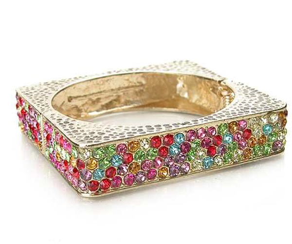 Multi Crystal And Metal Hammered Square On Side Fashion Designer Style Hinge Bangle