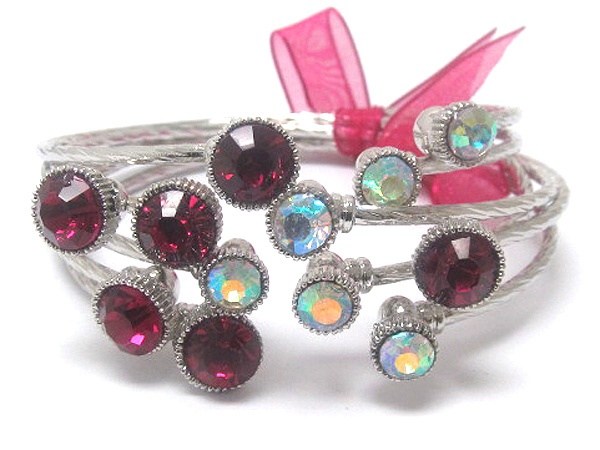 Multi Size Crystal Deco With Ribbon Tied Flexible Metal Bangle Set Of 6