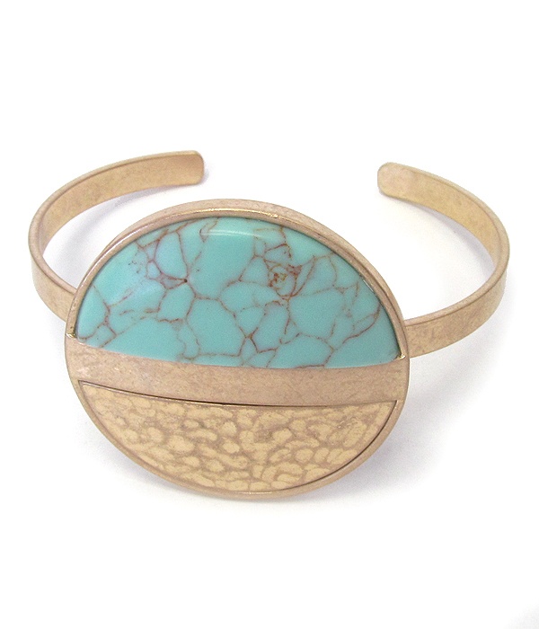 Semi Precious Stone And Hammered Metal Disc Bangle Bracelet