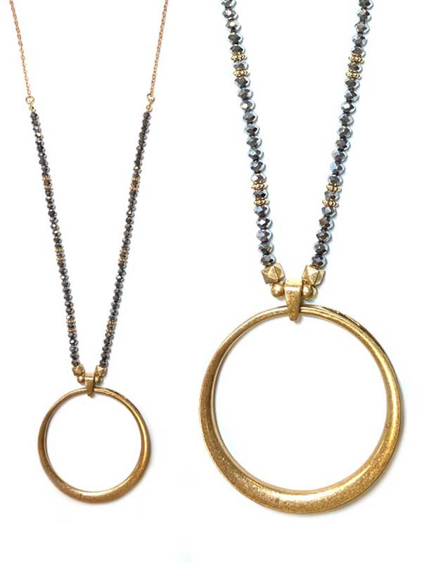 Metal Hoop Pendant And Glass Bead Long Necklace
