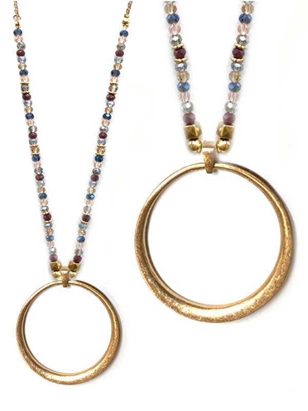 Metal Hoop Pendant And Multi Seedbead Long Necklace