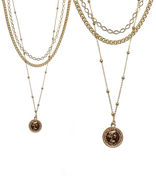 Triple Layer Metal Coin Pendant Chain Necklace