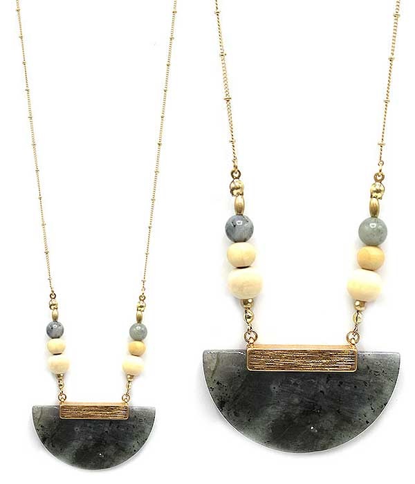 Semi Precious Stone Half Moon Pendant Long Necklace