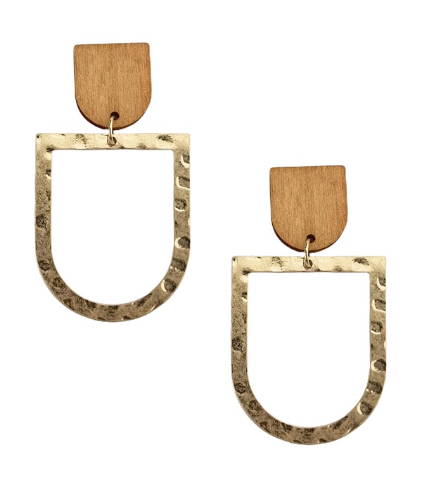 Wood And Hammered Metal Dangle Earring