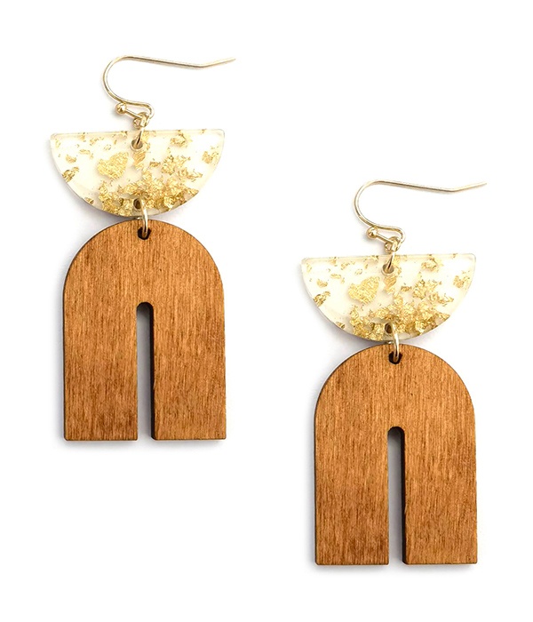 Wooden Arch And Gold Flake Acetate Drop Earring