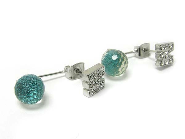 Made In Korea Whitegold Plating Double Sided Front Crystal Initial Post And Back Crystal Ball Drop Earring
