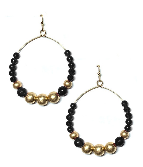 Semi Precious Stone And Metal Ball Mix Wire Hoop Earring