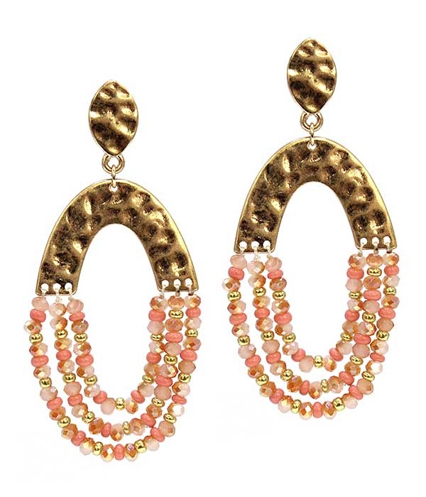 Multi Stone And Hammered Metal Oval Earring
