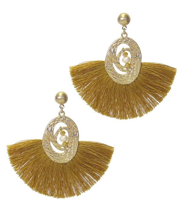 Pearl Center Metal And Thread Tassel Earring