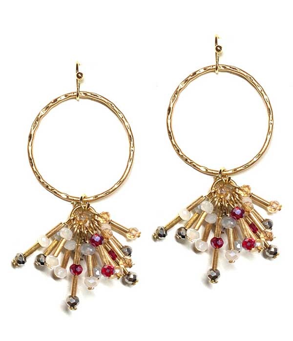 Multi Glass Bead And Metal Tube Dangle Drop Hoop Earring