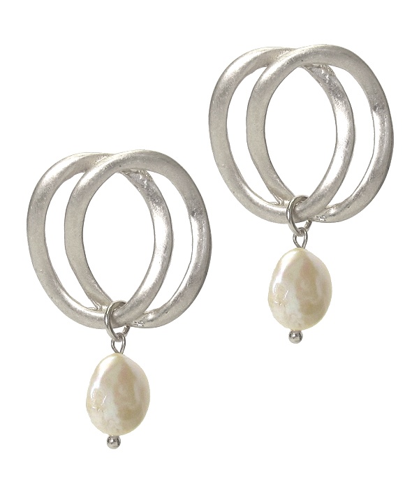 Double Metal Ring And Freshwater Pearl Drop Earring