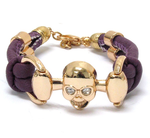 Crystal Eyed Skull And Leatherette Band Tie Bracelet
