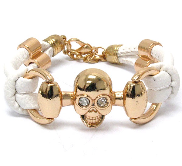 Crystal Eyed Skull And Leatherette Band Tie Bracelet