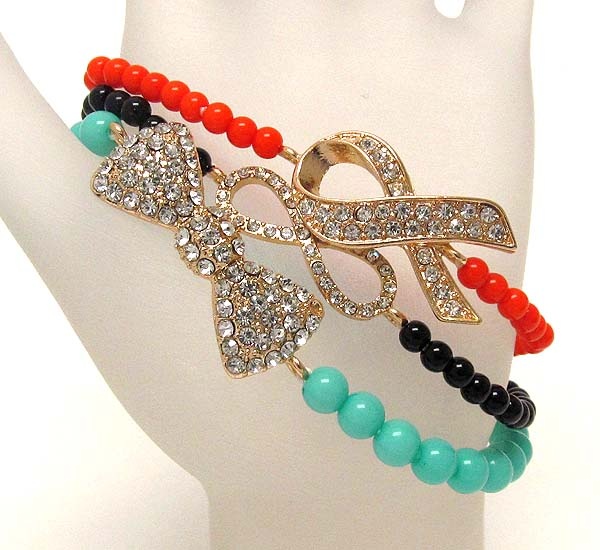 Crystal Multi Ribbon Theme Stretch Bracelet - Set Of 3