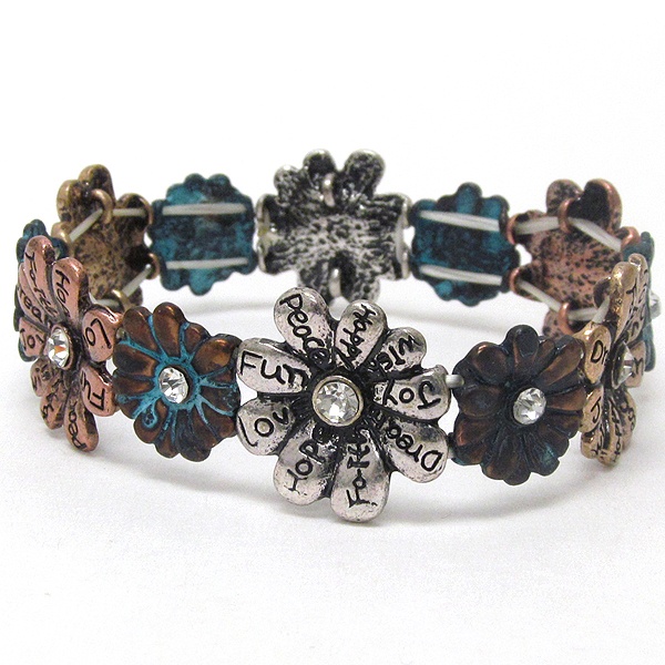Crystal And Inspiration Message Flower Link Patina Stretch Bracelet