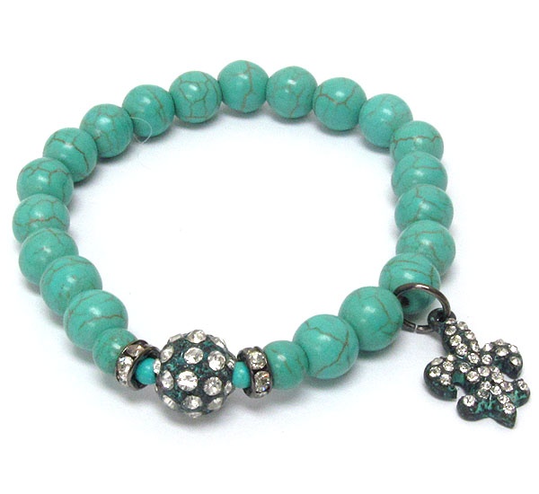 Crystal Patina Fluer De Lis And Ball And Turquoise Ball Link Stretch Bracelet
