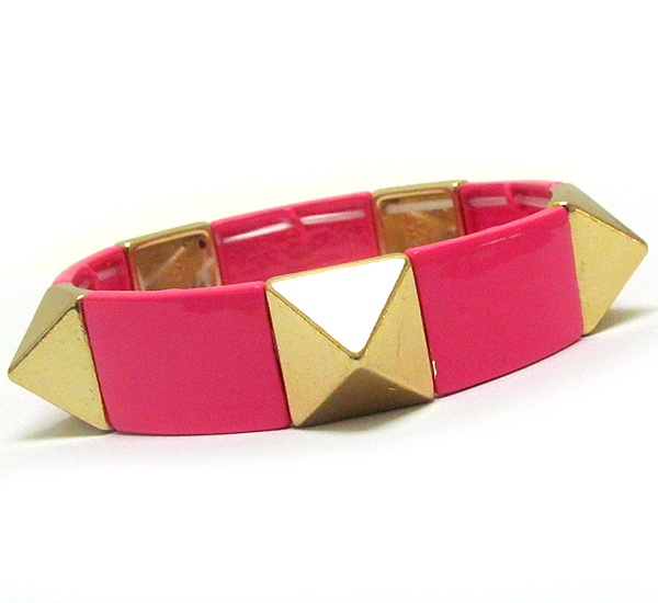 Multi Spike And Painted Plate Link Stretch Bracelet