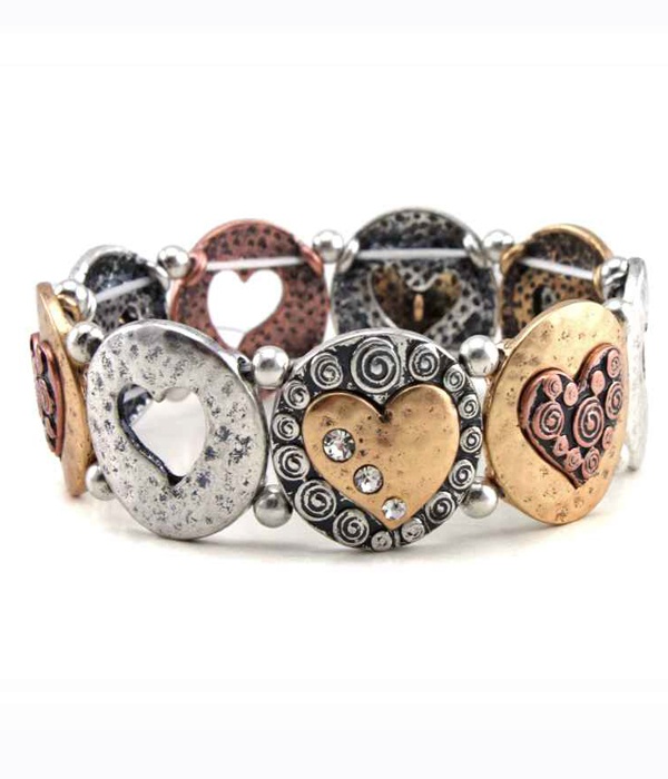 Multi Textured Heart Disk Link Stretch Bracelet