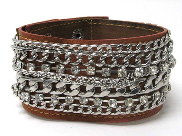Multi Rhinestone And Chain Deco On Synthetic Leather Wrist Band